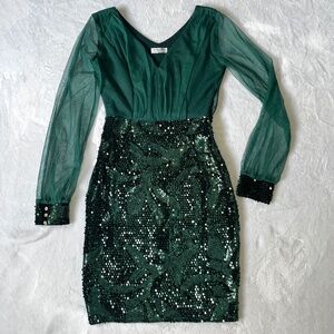 Emerald Green Sequin Prom Dress with Sheer Sleeves
